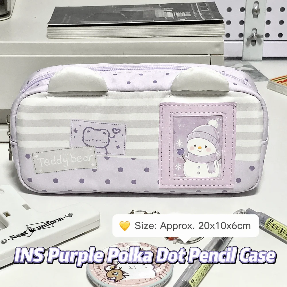 Kawaii Cat Ear Design Pencil Case Multi-Layer Bear Print Pencil Pouch with Transparent Window Pen Bag School Supplies