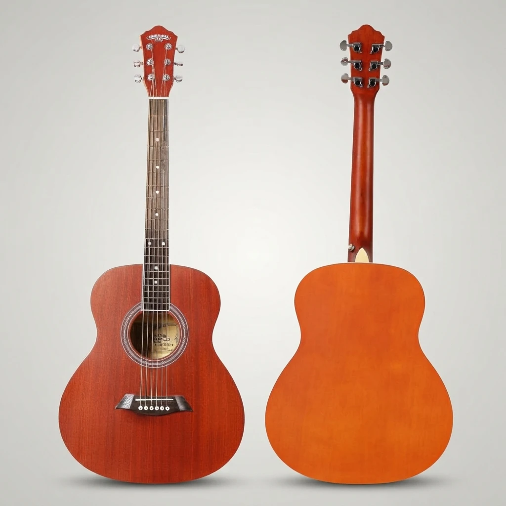 Vintage Orange Red Round Body Folk Acoustic Guitar Matte Finish White Binding 6 Strings for Beginners, Great for Practice