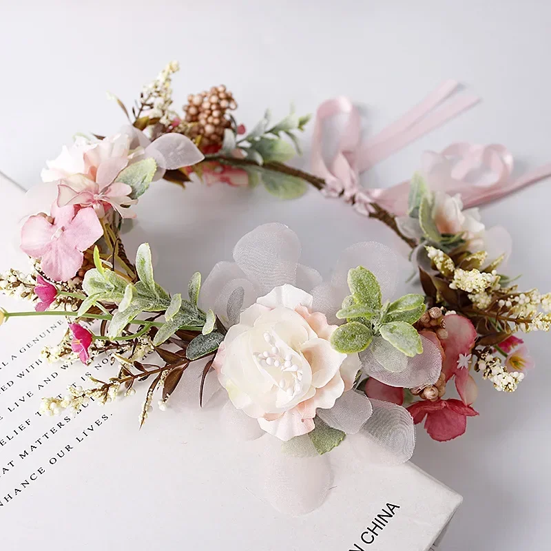 HoneyCherry Children\'s Headdress Wreath Headband Pink Ribbon Bow Headband Flower Hair Accessories(for1-7old)
