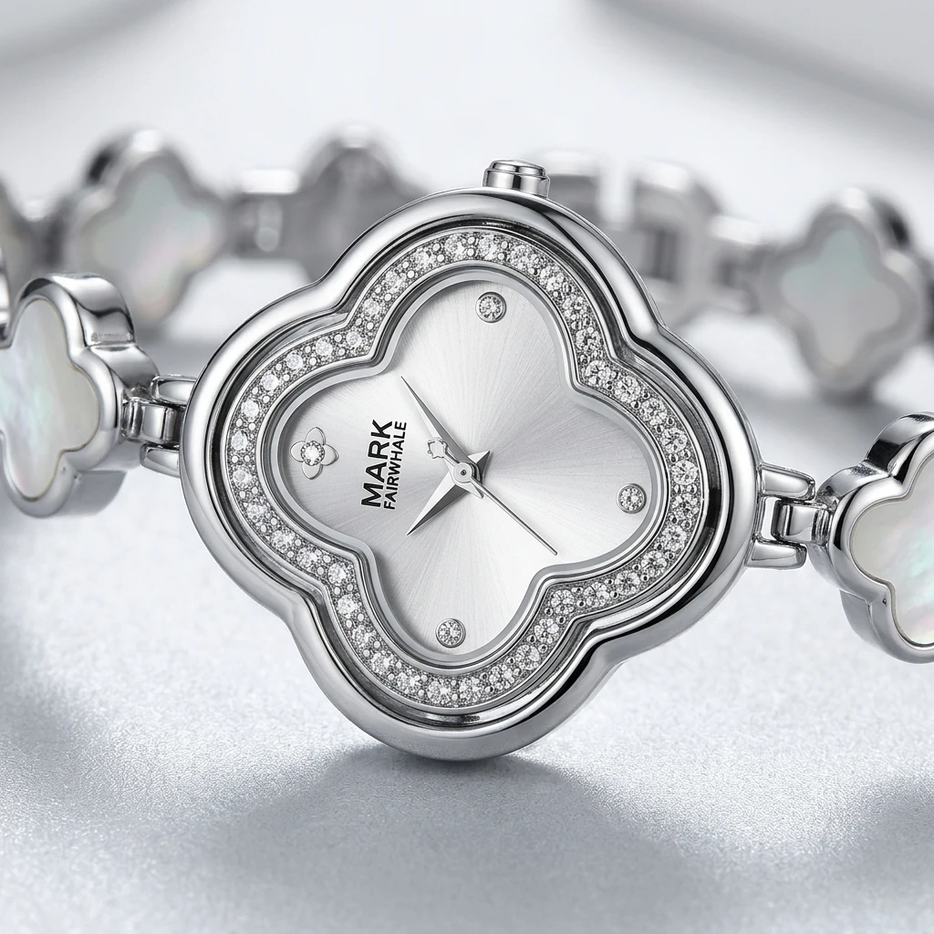 MARK FAIRWHALE Ladies Wrist Watch Quartz Movement Four Leaf Clover Shape Full Rhinestone Metal Bracelet for Women