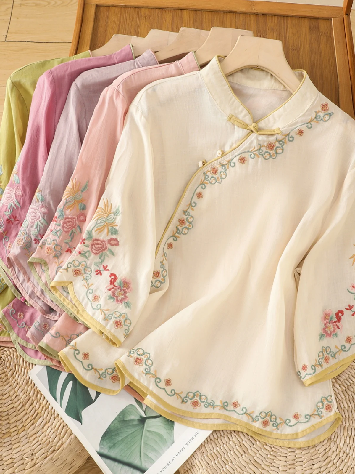 

Ретро китайский с вышивкой из хлопка и льна, свободный воротник-стойка, женский удобный дышащий повседневный топ