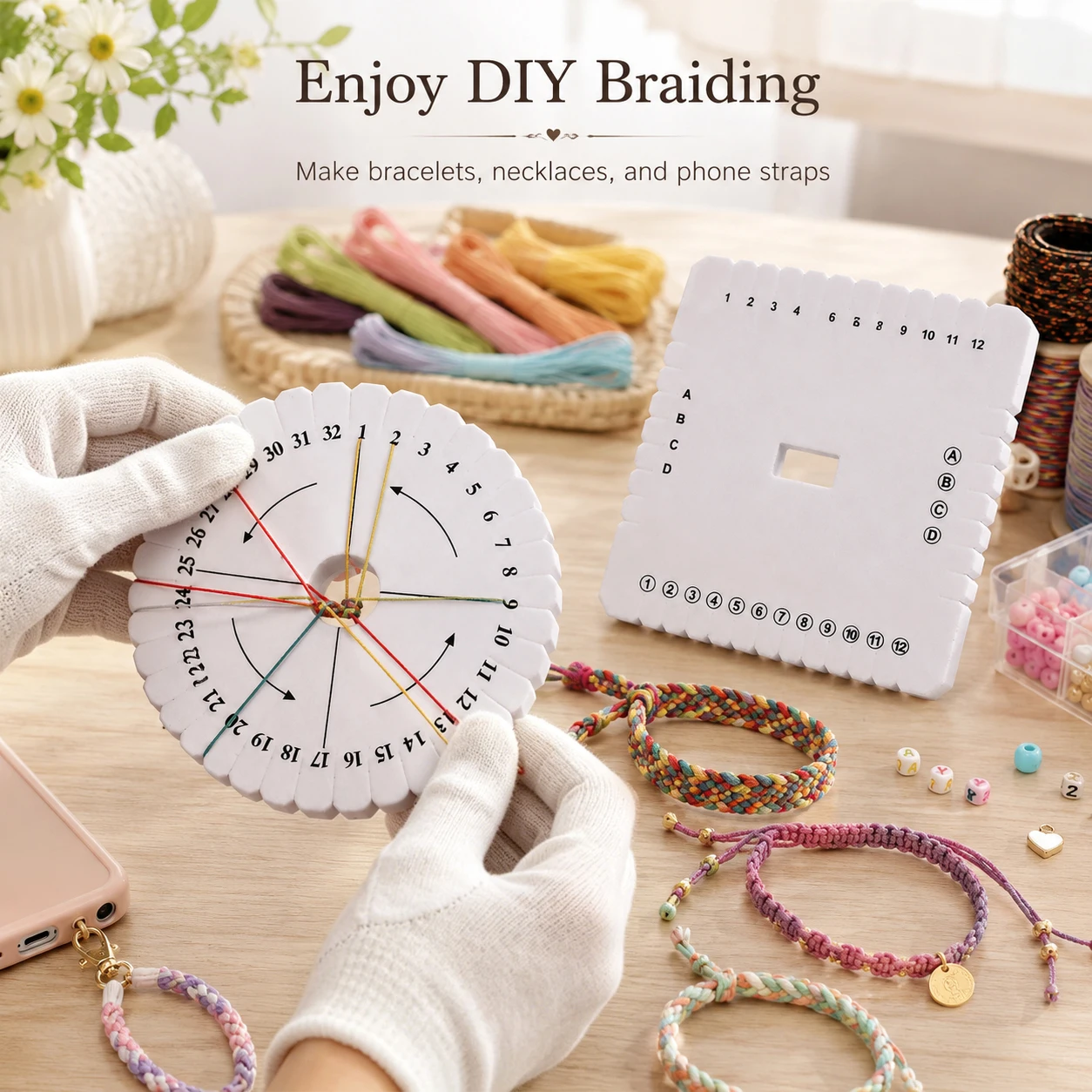 2Pcs 8x100x100mm Braiding Disk Set, Round & Square Beading Cord Disc for DIY Bracelet, Kumihimo Weaving Board & Loom Plate
