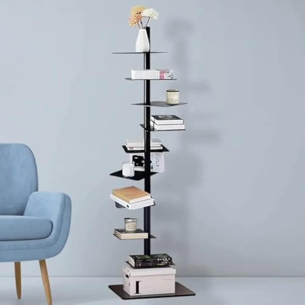 9 Tier Metal Spine Bookshelf Tower, Tall Open Shelf 360 Display Storage Organizer for Study Room,Living Room,Bedroom(Black)