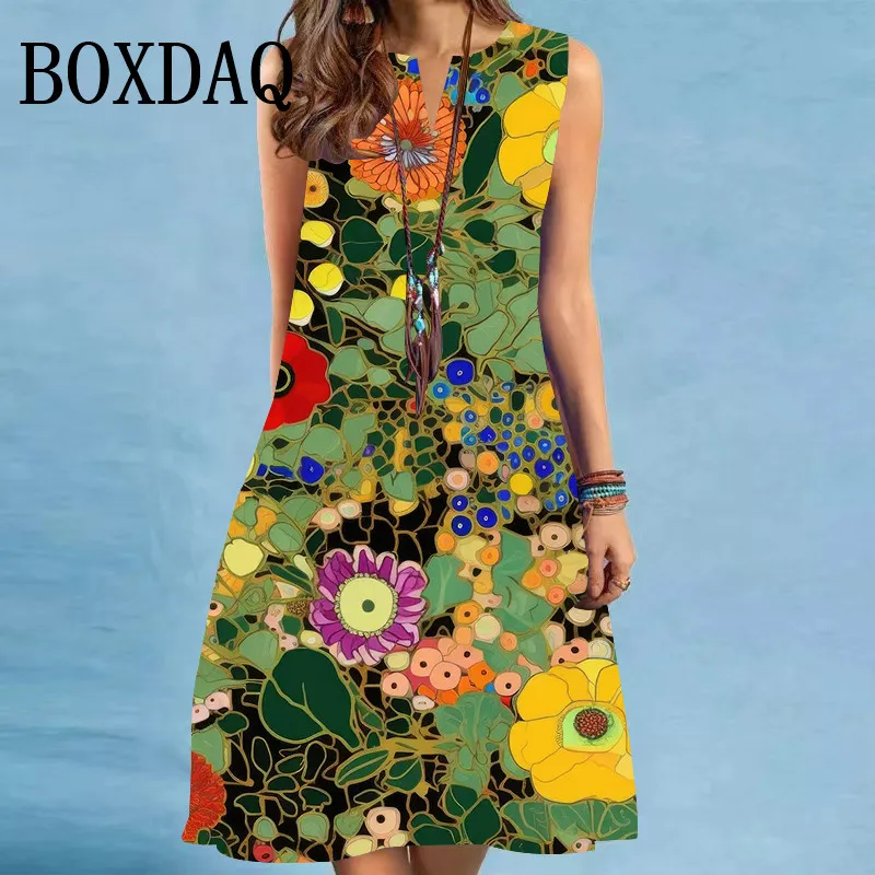 Retro Painting Art Women Elegant Midi Dress Sleeveless Aesthetic Loose Dresses Women Casual Flower 3D Print A-Line Dress Summer