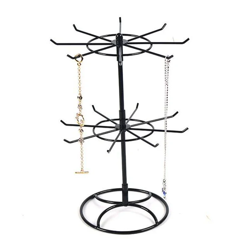 Rotating Jewelry Display Stand 2 Tier Round Metal Necklace Organizer For Hanging Earrings Rings Bracelets Watches Accessories