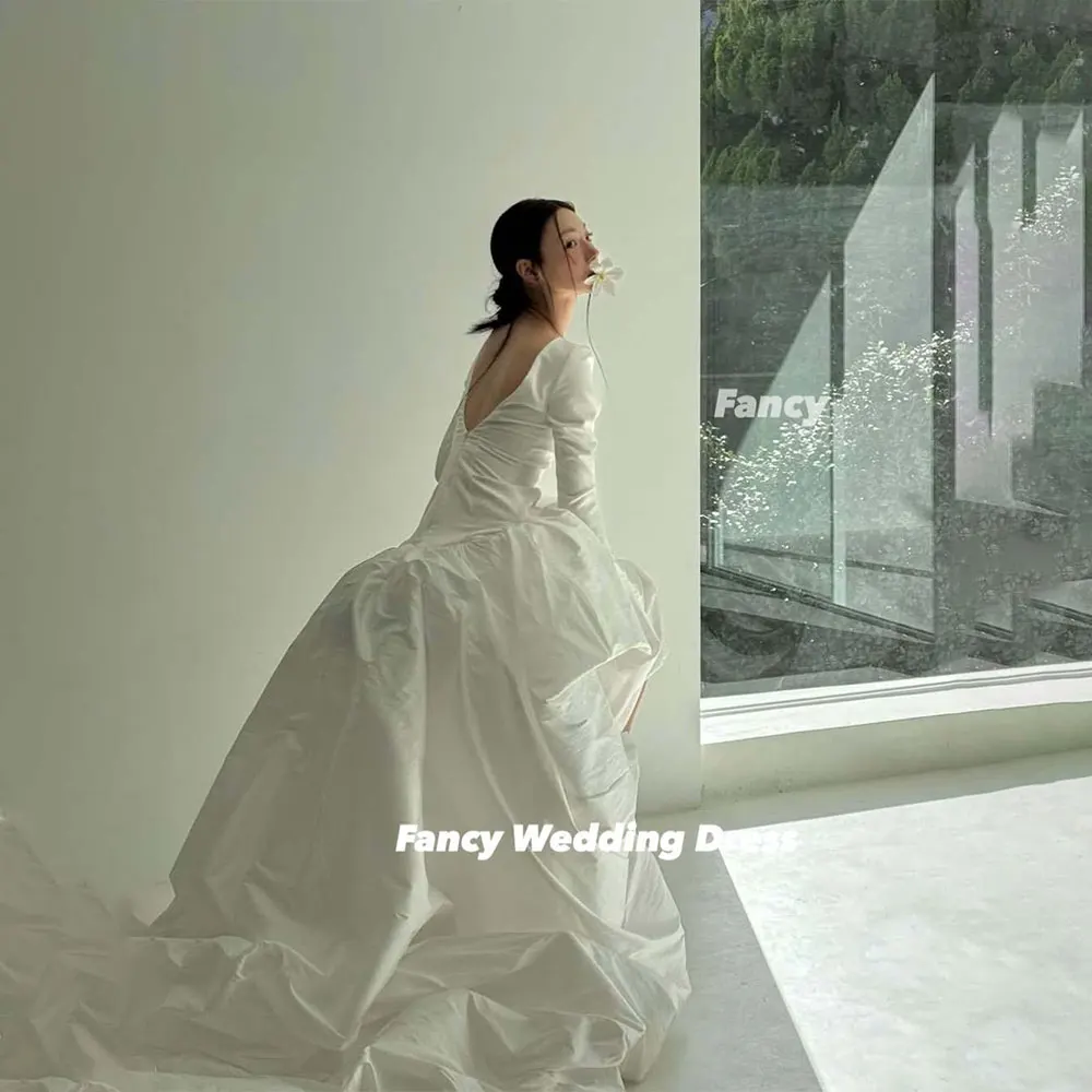 Fancy Princess Korea Wedding Dress A Line Taffeta Bridal Gown Long Sleeve Back Zip Evening Dresses Customized