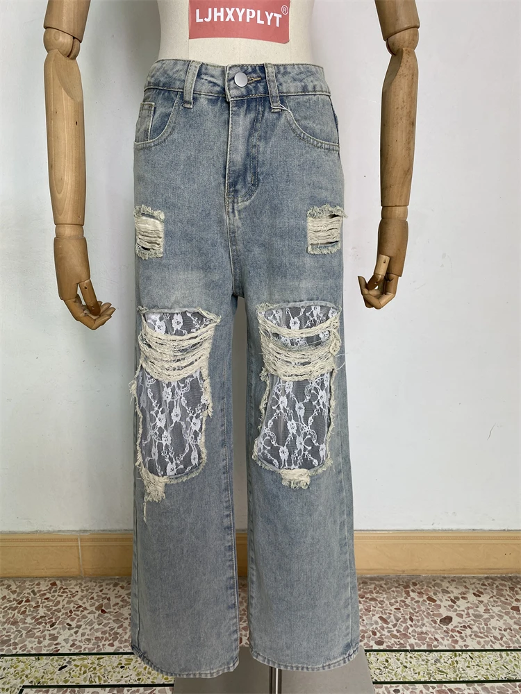 

Summer Women's Lace Patchwork Large Hole Jeans High Waist Wide Legs Trousers Young Girl Casual Bottoms Female Denim Pants