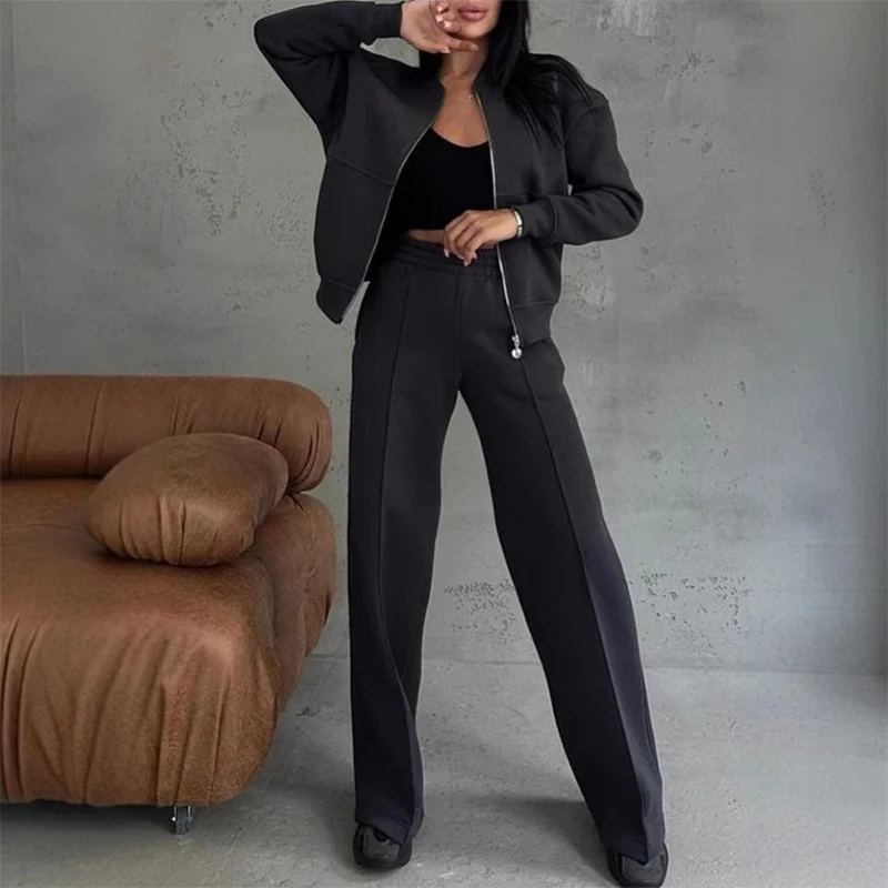 New Autumn Winter Warm Two Piece Set Women Zipper Sweatshirt Coat & Straight Pant Suit Outfit Casual Solid Sportswear Tracksuit