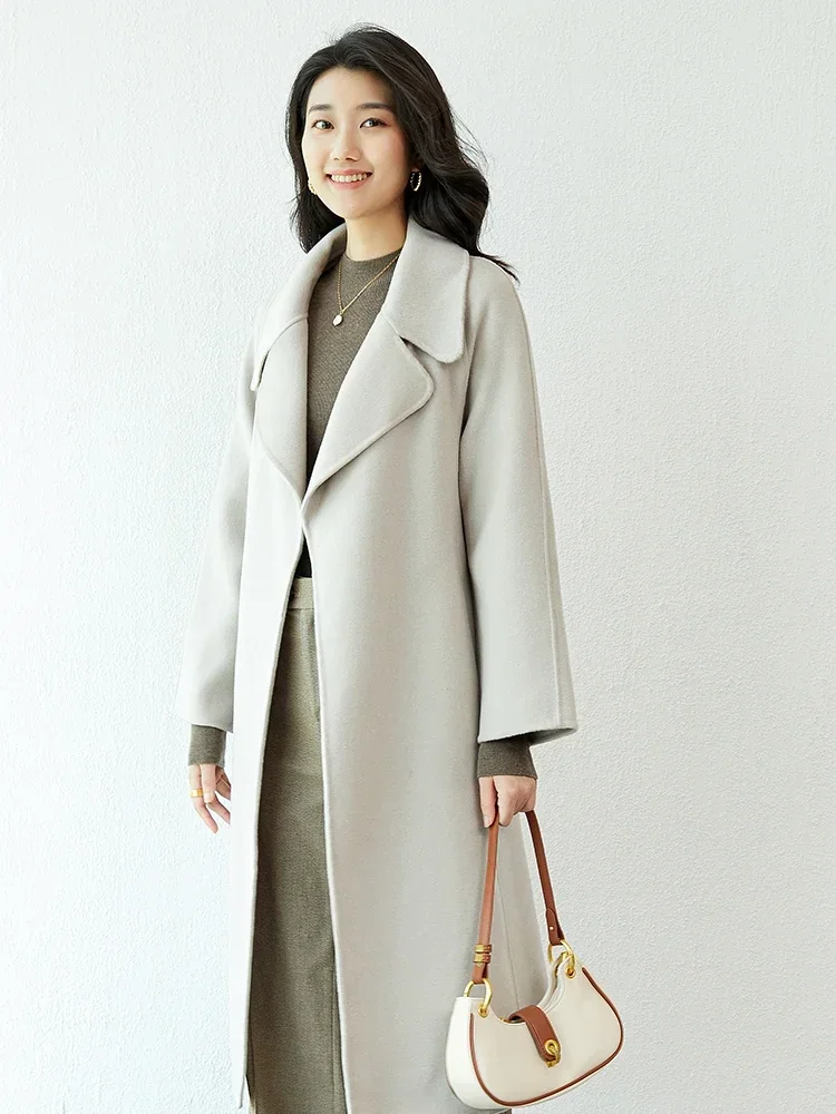 Women's Double Sided Cashmere Coat, Loose Hepburn Style, Over Knee High-end Woolen Coat, Medium Length, Autumn and Winter, New