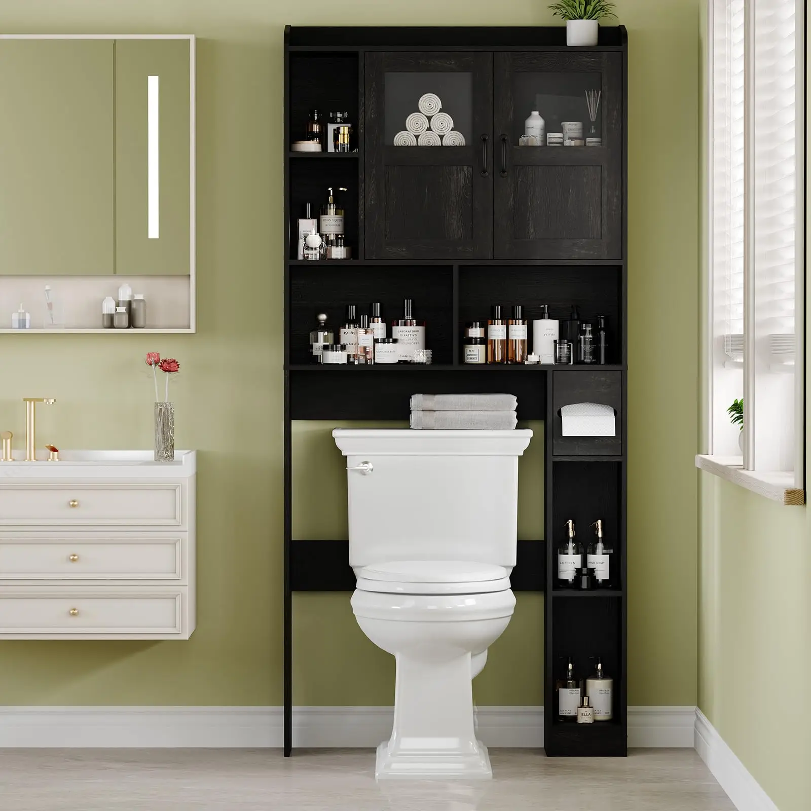 Space-Saving Over Toilet Storage Cabinet – 67" Tall Bathroom Organizer with Glass Door, Adjustable Shelf, Barn Door Style – Freestanding Restroom & Laundry Room Furniture