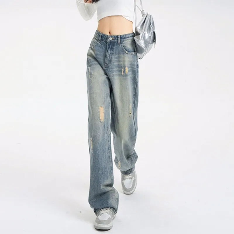 FINEWORDS Wide Leg Baggy Jeans Women Korean High Waist Vintage Washed Ripped Denim Pants Cool Streetwear y2k Causal jeans mujer