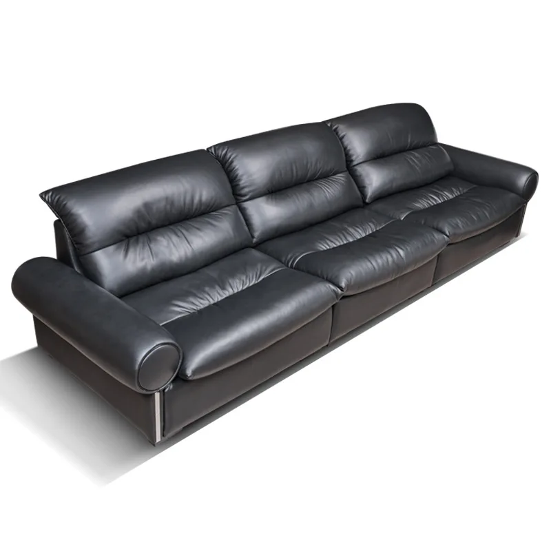 

Real cowhide first-layer sofa, living room straight row brown sugar clouds, black Italian minimalist leather art sofa