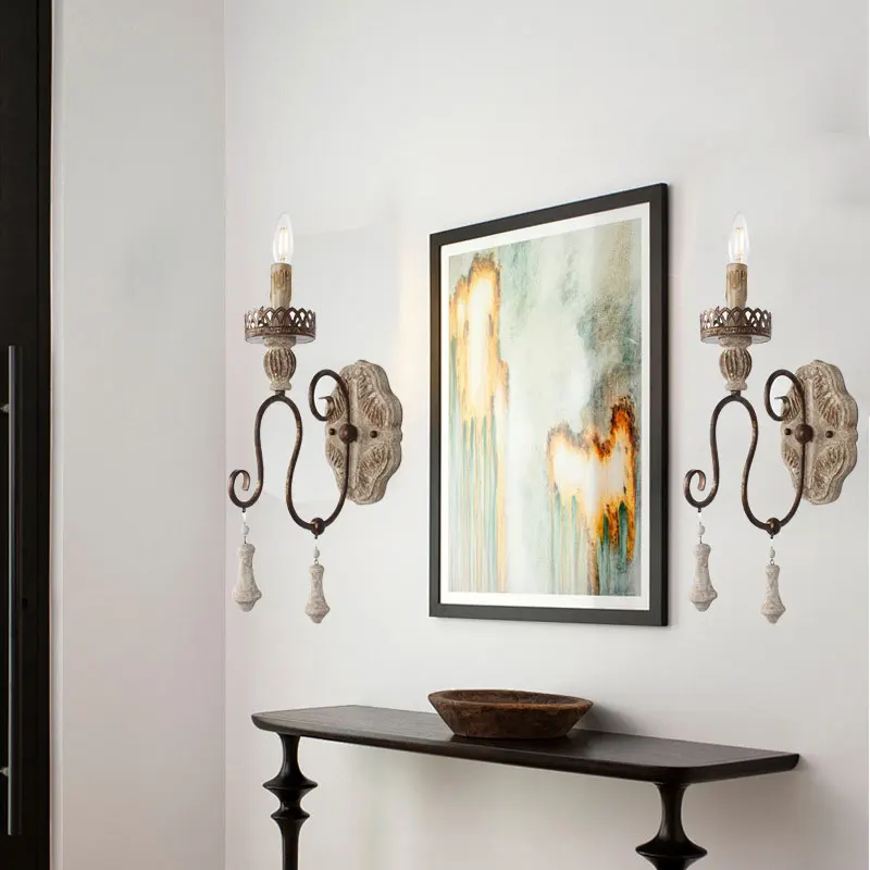 Loft American Retro Solid Wood Wall Lamp French Living Room Dining Room Corridor Iron Lamp Vintage Double Head Wall Sconce