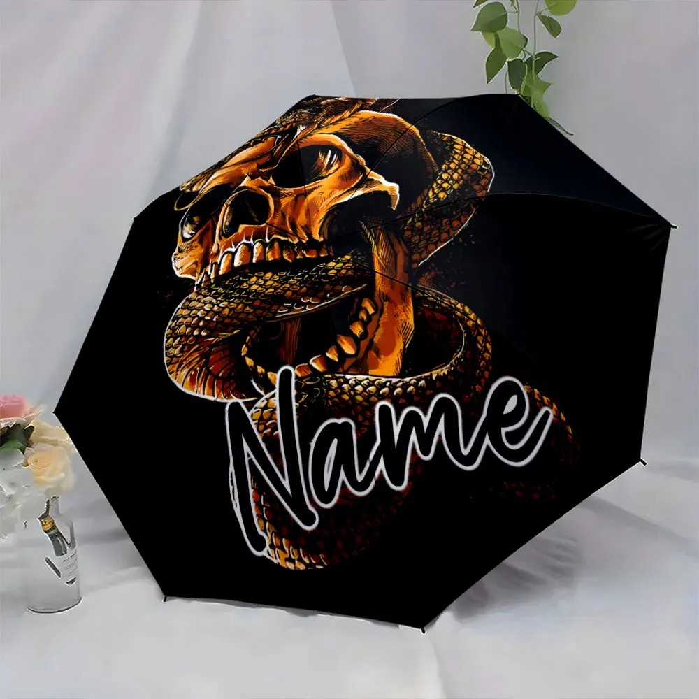 Custom Name Skull and Snake Artwork Umbrella 8 Iron Ribs Folding Umbrella Auto-Open Fashionable Sunshade Deluxe Gift