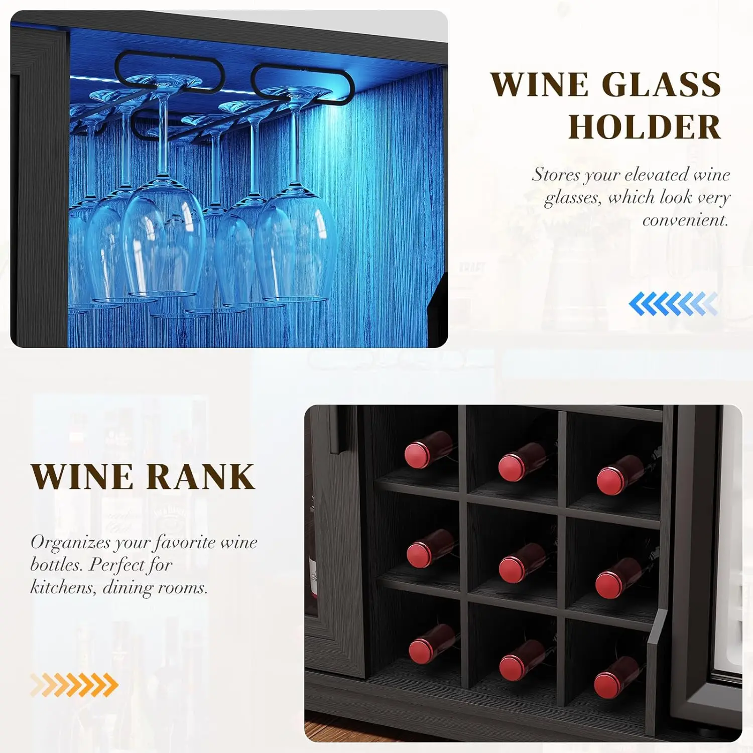 Coffee Bar Cabinet with Fridge (Fridge Included), Large Liquor Bar Cabinet with LED Lights, Glass Holder & Wine, Customized - view 3
