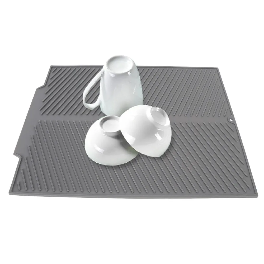 Silicone Dish Drying Mat Grey White Non Slip Kitchen Counter Drain Pad Dense Drainage Grooves Heat Resistant Sink Drainer Mat