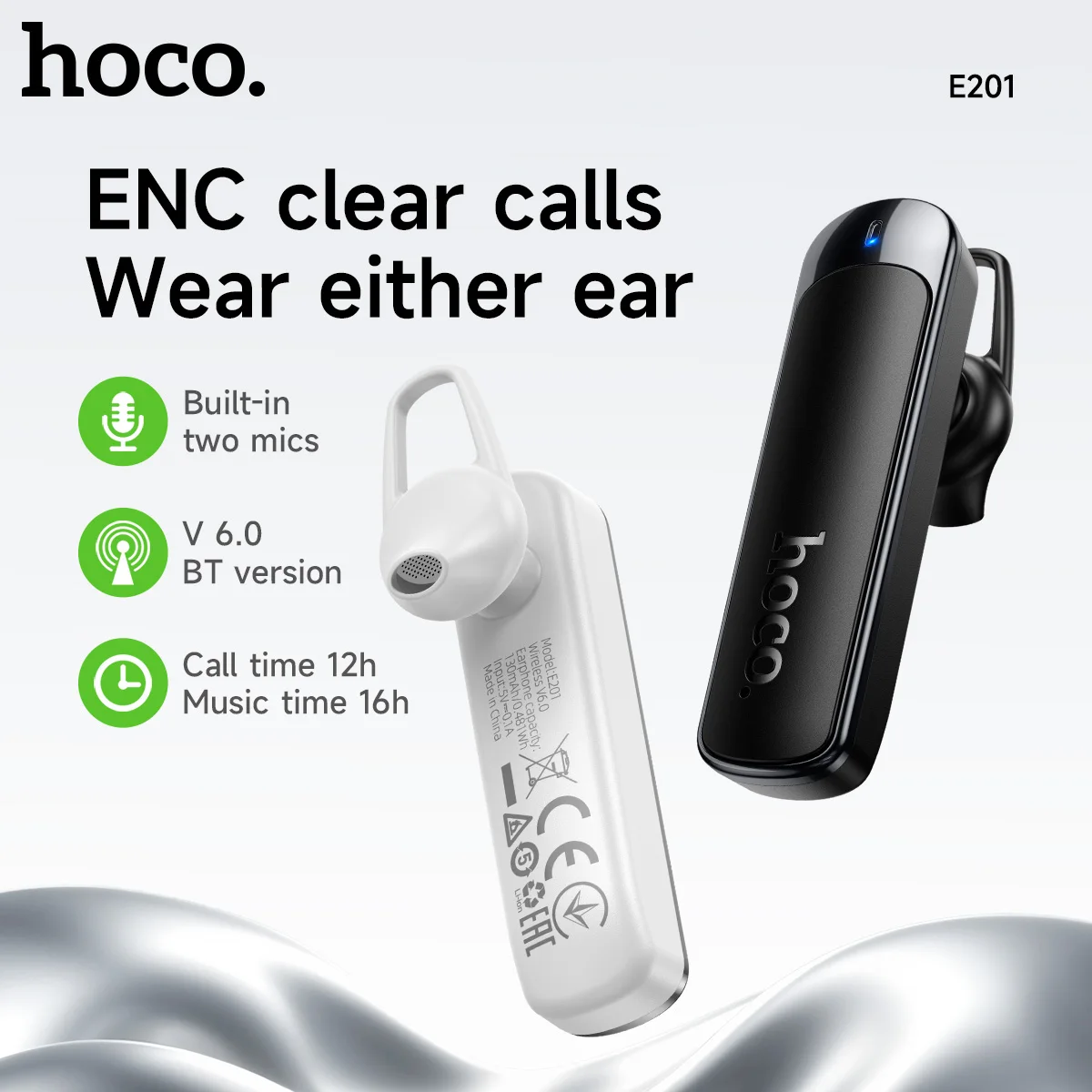 HOCO E201 ENC Single Ear Business Headset Bluetooth V6.0 Earphone Wireless Car Hands-free Headphones with Mic for Driving Call