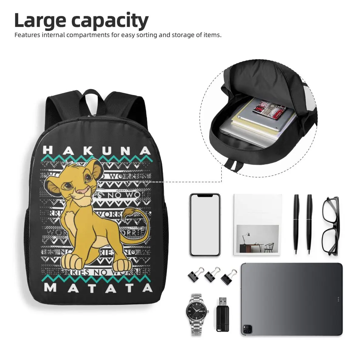 Benutzerdefinierte Hakuna Matata Manga Laptop-Rucksack für Männer und Frauen, lässige Büchertasche für Schule, Studenten, Der König der Löwen, Simba-Tasche