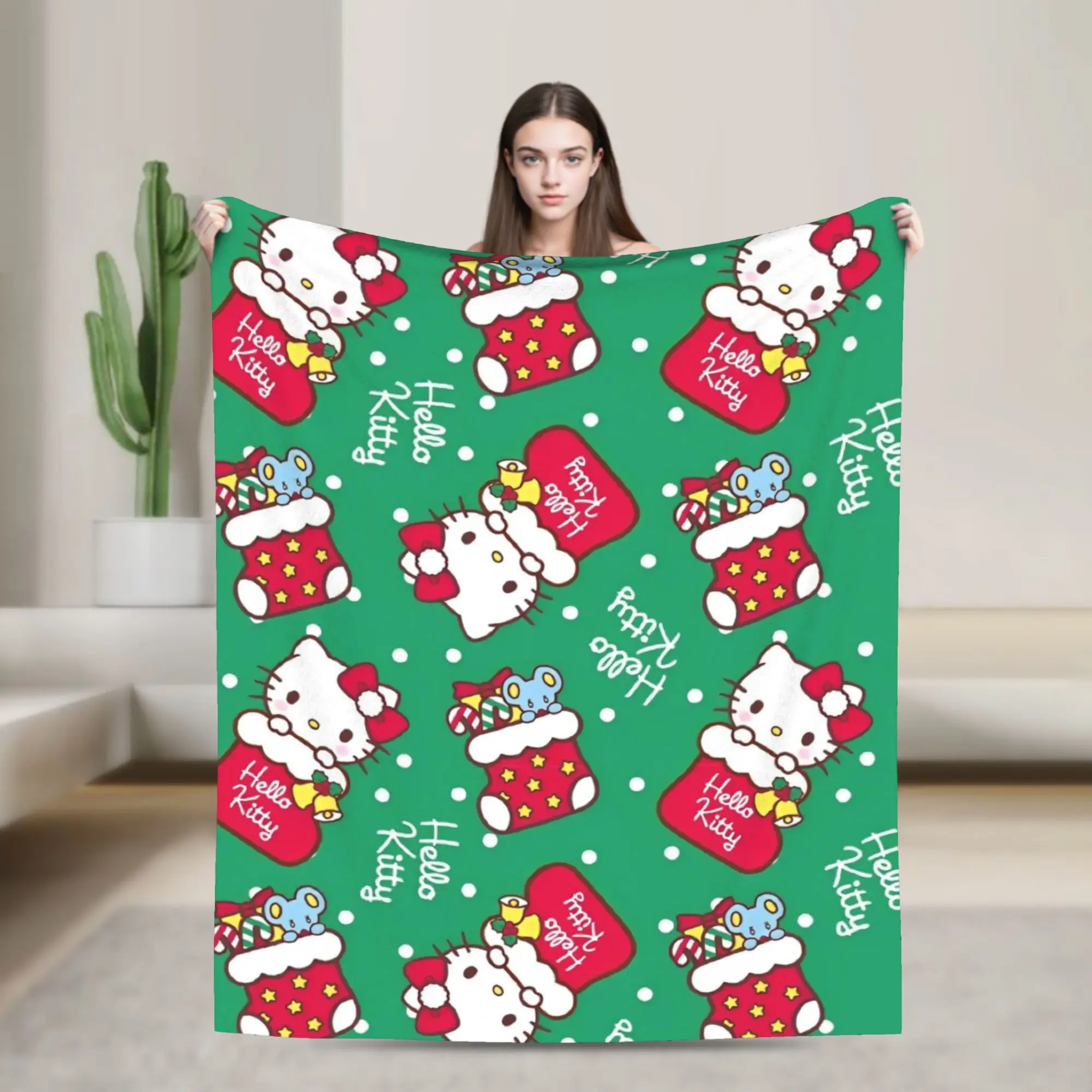 

Christmas Hello Kitty Cartoon Blankets Fleece Lightweight Throw Blanket for Home Couch Bedroom Quilt