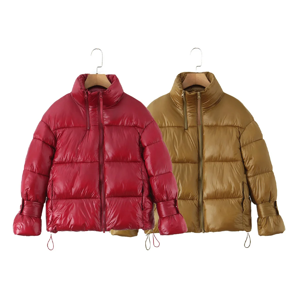 

New autumn and winter women's loose shiny face stand up collar double zipper warm and thick cotton jacket