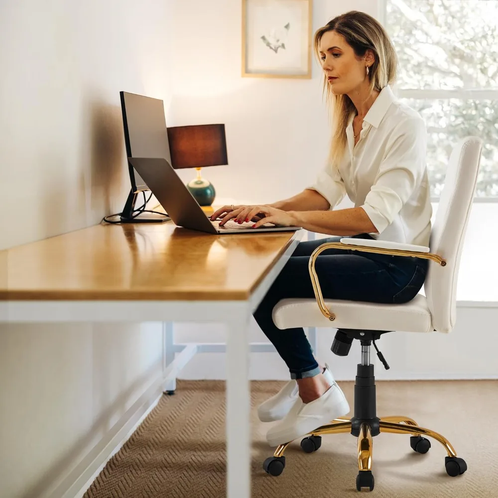 Офисный стол, регулируемый стул из искусственной кожи со средней спинкой и белым сиденьем с золотой рамой