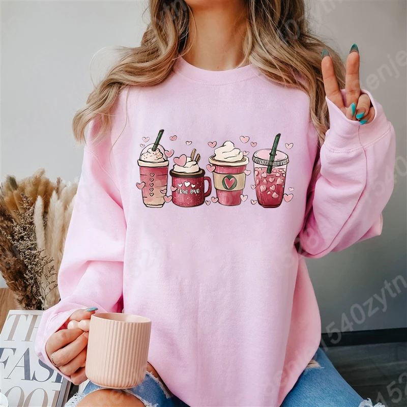 Women Oversized Sweatshirts, Valentines Coffee Print Crew Neck Casual Sweatshirt, Valentine's Day Print Women's Clothing