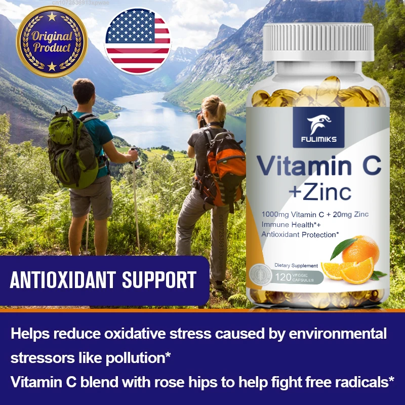 Organic Vitamin C + Zinc Capsules Supplement for Antioxidant Pigmentation Anti-wrinkle Whitening Skin Support Immune