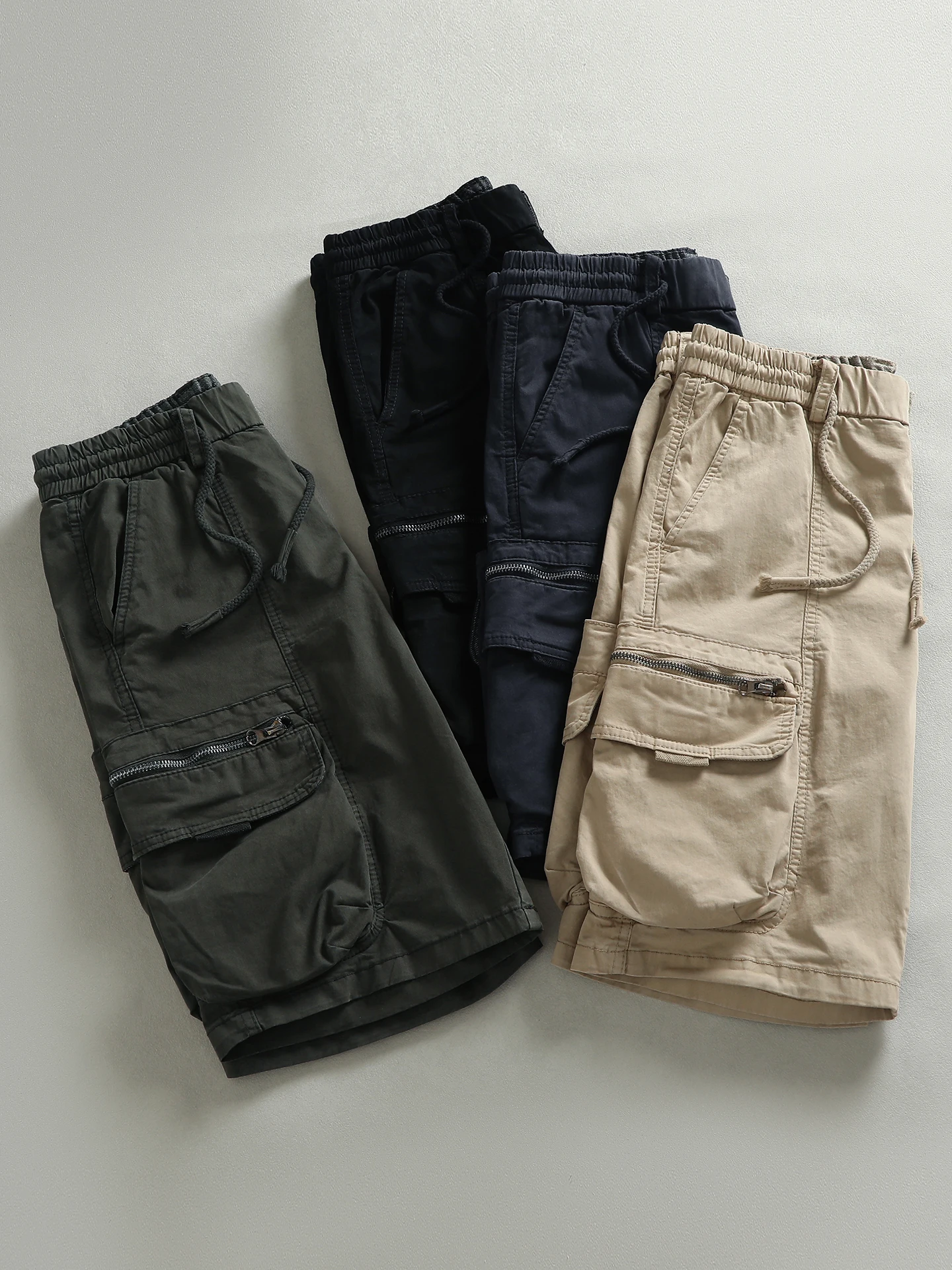Retro Workwear Cotton Shorts with Zipper Pocket Outdoor Casual Worn-look Twill Men's Summer Five-Quarter Length Trousers