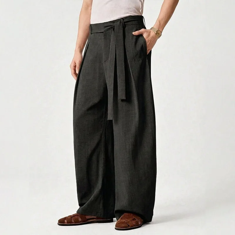 KIDWHXR Herrenhose, locker geschnitten, mittelhoher Bund, atmungsaktiv, Vintage-Plisseehose, gerade geschnitten, mit Kordelzug, Business Casual Herrenhose – Detail 4