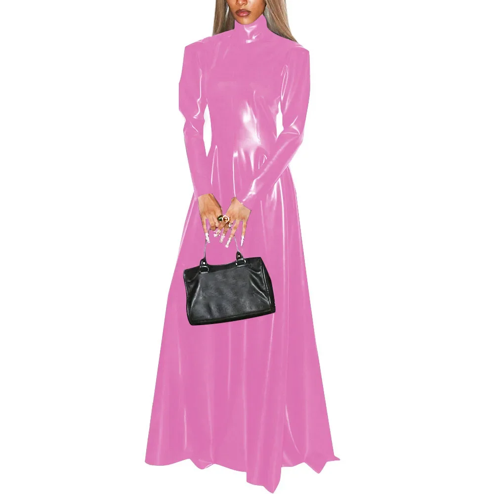 Women Faux Latex Elegant Dress Long Sleeve High Neck Sheath Maxi Dress Retro Patent Leather Stretch Pleated A Line Dresses