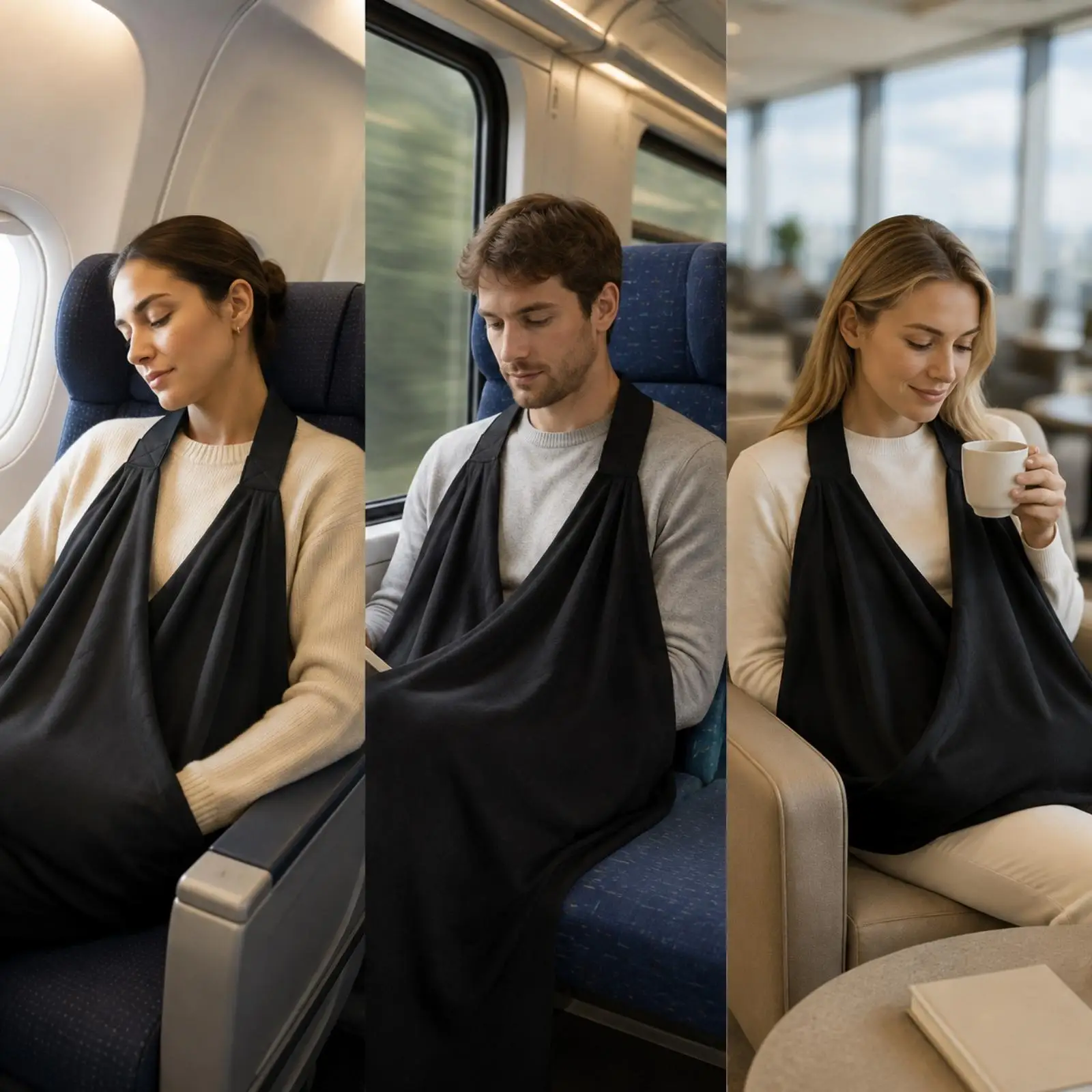 Cozy Travel Throw for Seated Journeys Black Stretch Shawl with Loop Lightweight Enveloping Blanket for Commuting Rest - view 6