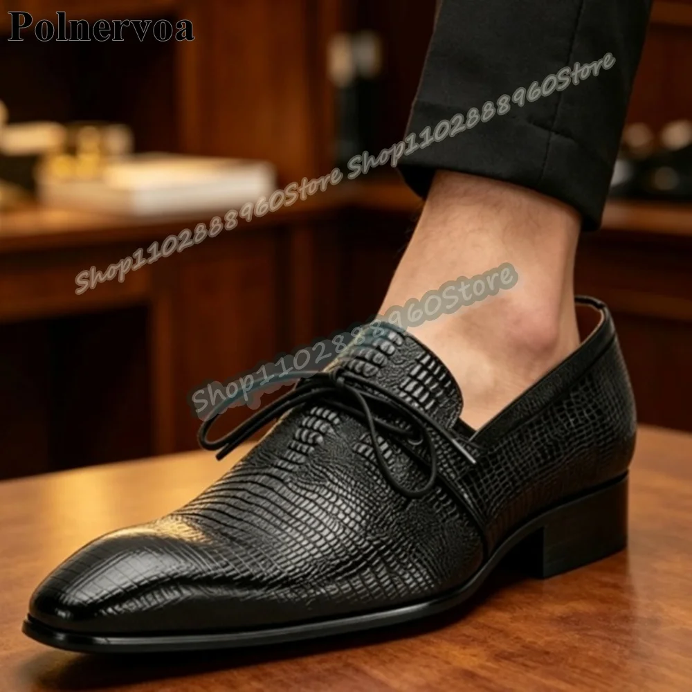 

Business Black Crocodile Leather Lace Up Men Pumps Flats Dress Shoes For Men Slip On Banquet Catwalk 2026 Fashionable Men Pumps