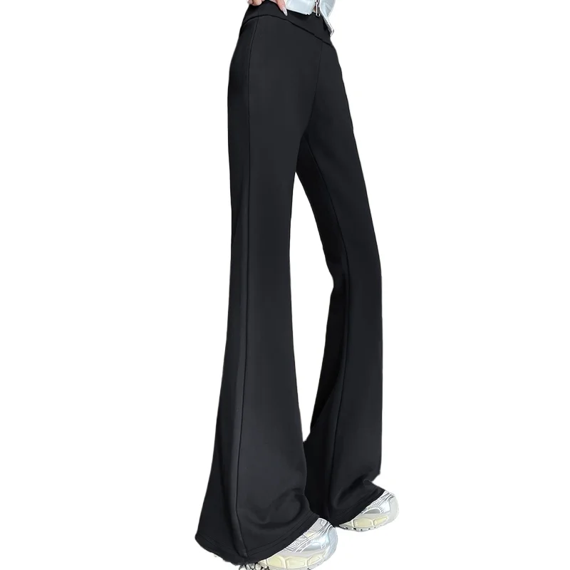 2025 Pantalones acampanados elásticos modernos para mujer, ropa informal de oficina adelgazante cómoda, color negro sólido