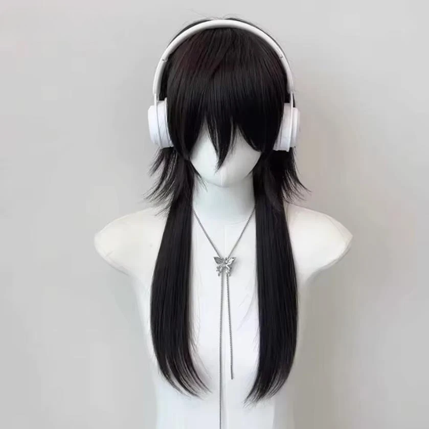 QQXCAIW Long Black Straight Synthetic Mullet Head Wig Wolf Tail Layered Fluffy Women and Men Wig Lolita Cosplay for Daily Party