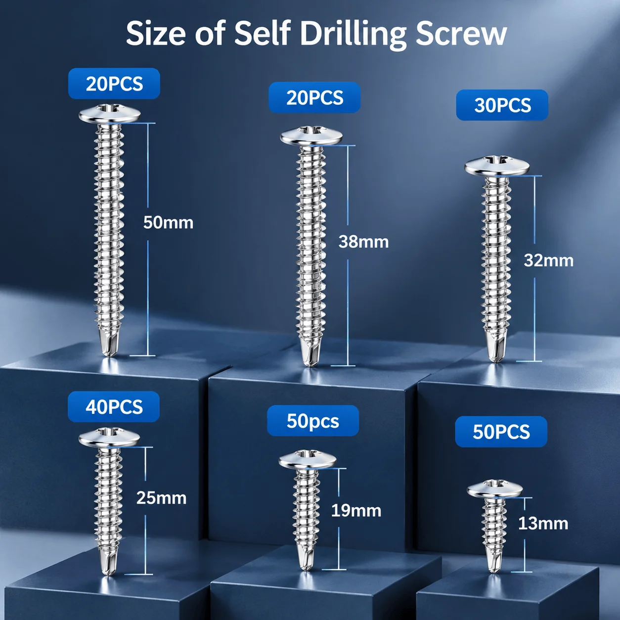 210-Piece Stainless Steel Self-Drilling Screw Set, Cross Round Washer Heads, 13-50mm Length Assortment, Six Sizes, Portable Storage Box, for Aluminum Profile Fastening, Hardware Repairs and DIY Assembly, box 19 x 13 x 3.6cm