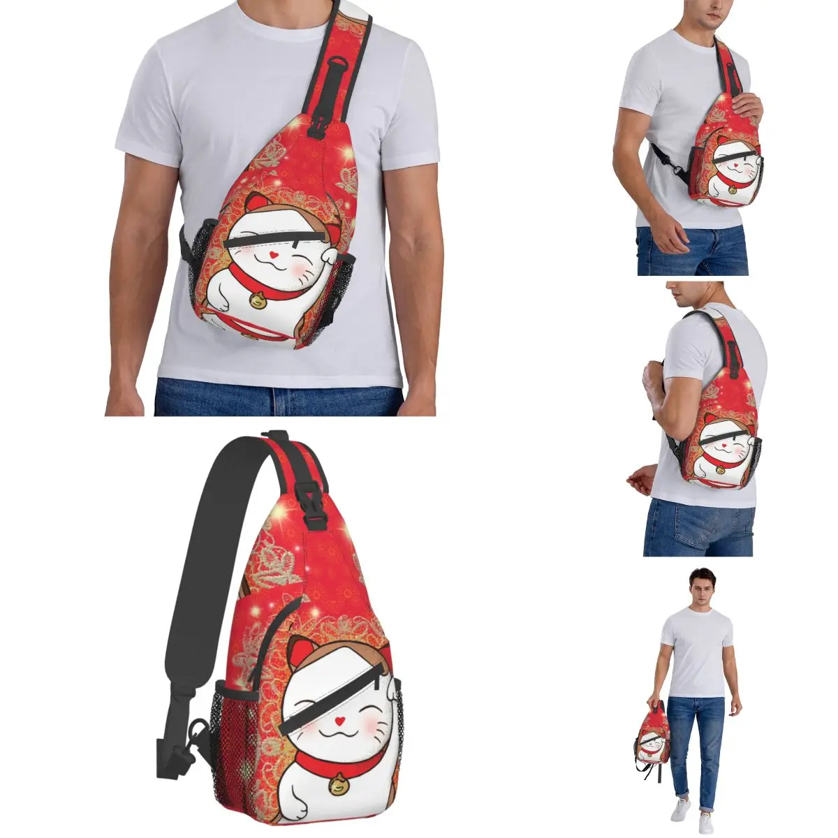 Maneki Neko Crossbody Sling Bags Moda Peito Bag Japonês Sorte Gato Ombro Mochila Mochila para Caminhadas Viagem Biking Bag