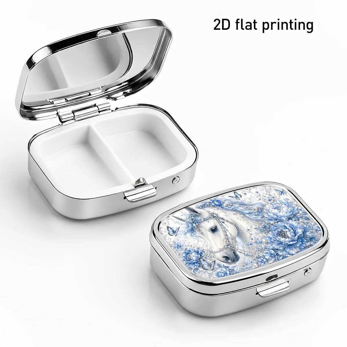 Flat-Printed Design, Square Metal Small Pill Box with White Horse, Blue Peony, and Butterfly Patterns, Exquisite Two-Compartment Portable Storage Box, Dreamy and Elegant, Can Hold Medicines, Vitamins, and Earrings, Easy to Open and Close, Lightweight and Durable, Suitable for Travel, Commuting, and Home Use, Creative and Practical Gift
