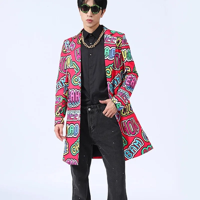 Personality Letter Printed Long Blazer Coat Male Singer Hip Hop Dancer Slim Middle Length Blazers Bar Stage Performance Costume