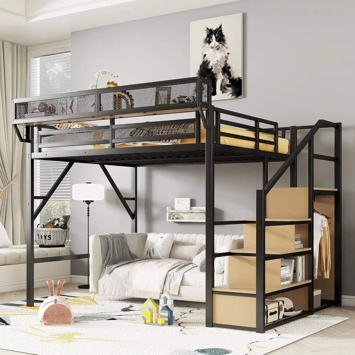 KEIKI Queen Size Metal Loft Bed Frame with Convertible Staircase, Built-in Storage Shelves & Wardrobe, Loft Bed with Solid Slats
