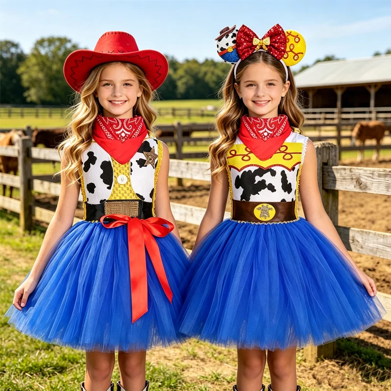 Girls' Western Ranch Style Strap Mesh Puff Skirt Set, Cow Printed Dress, Children's Halloween Cosplay Costume Birthday Dress