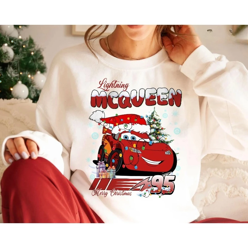 سويت شيرت Lightning McQueen Christmas Retro Cartoon Car لعيد الميلاد الخفيف، بلوفر مريح برقبة دائرية لخريف وشتاء