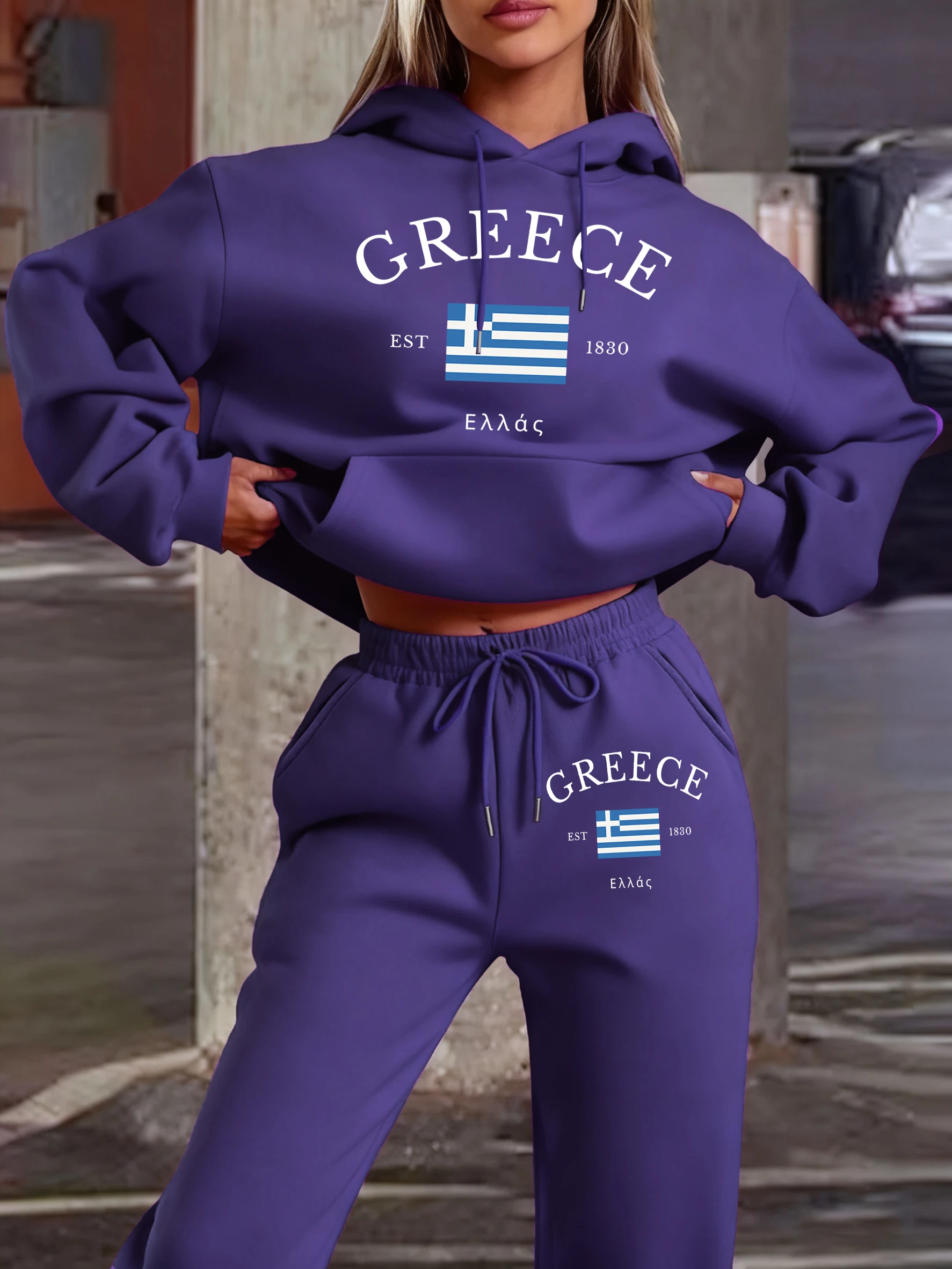 

Greece Est 1830 Женский комплект для бега с флагом 2025 Толстовка Спортивные свободные брюки Осенние спортивные штаны с карманами Флисовые повседневные толстовки