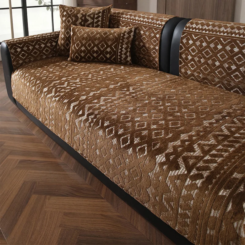 Chenille Sofa Slipcover Retro Style Non Slip One Piece Protector Straight Couch Pet Friendly Durable Washable Fabric Home Decor
