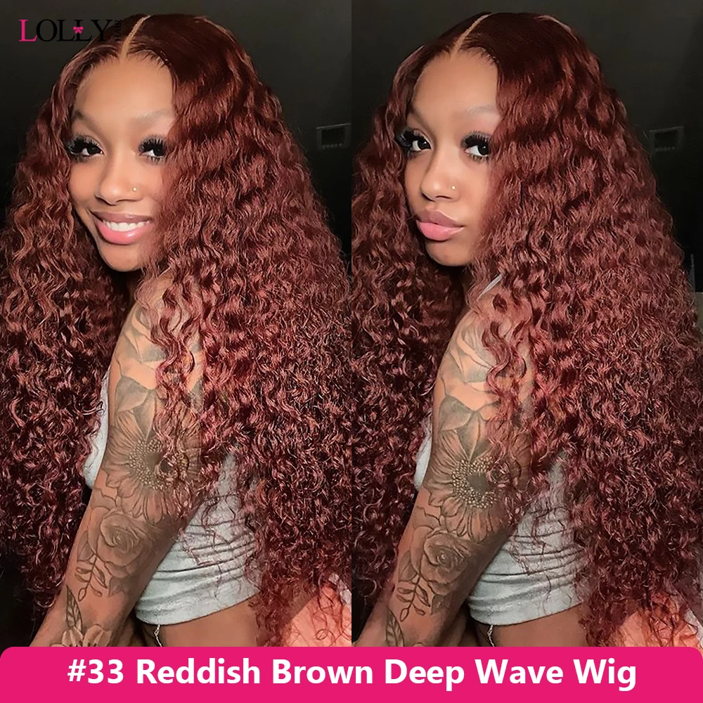 #33 Reddish Brown Lace Front Wigs Human Hair 32 34 Inch Deep Wave 13x6  Lace Frontal Wig 250 Density Colored Human Hair Wigs