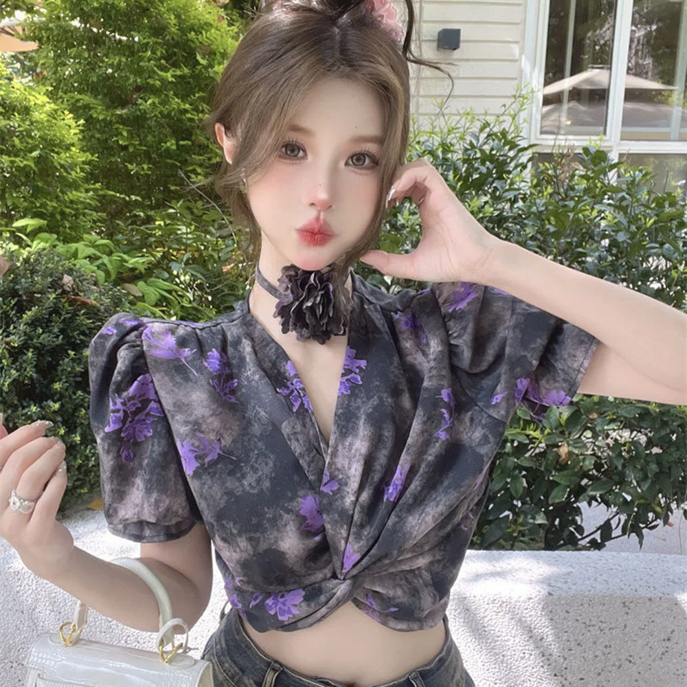 

Flower Print Twisted Shirt Female Fashion High Waist Slim Woman Crop Tops Vintage Bubble Sleeve With Flower Blouses Ladies Blusa