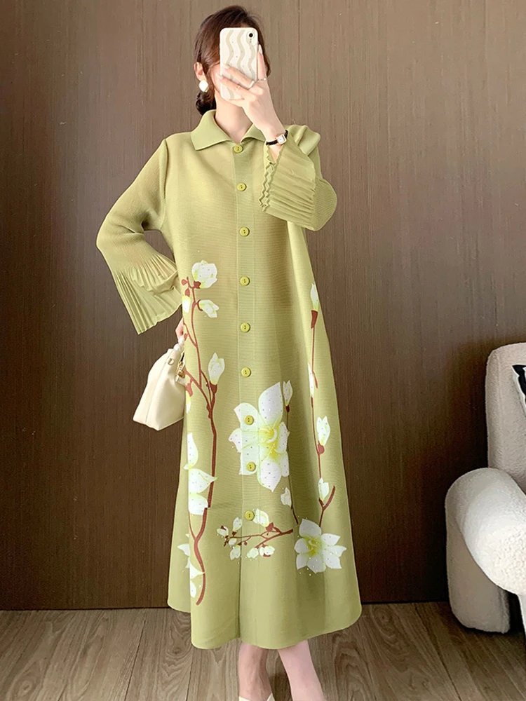 LANMREM Fashion Print Dress For Women Lapel Long Sleeves Pleated Design Single Breasted Casual 2024 Summer New Clothing 2Z1131