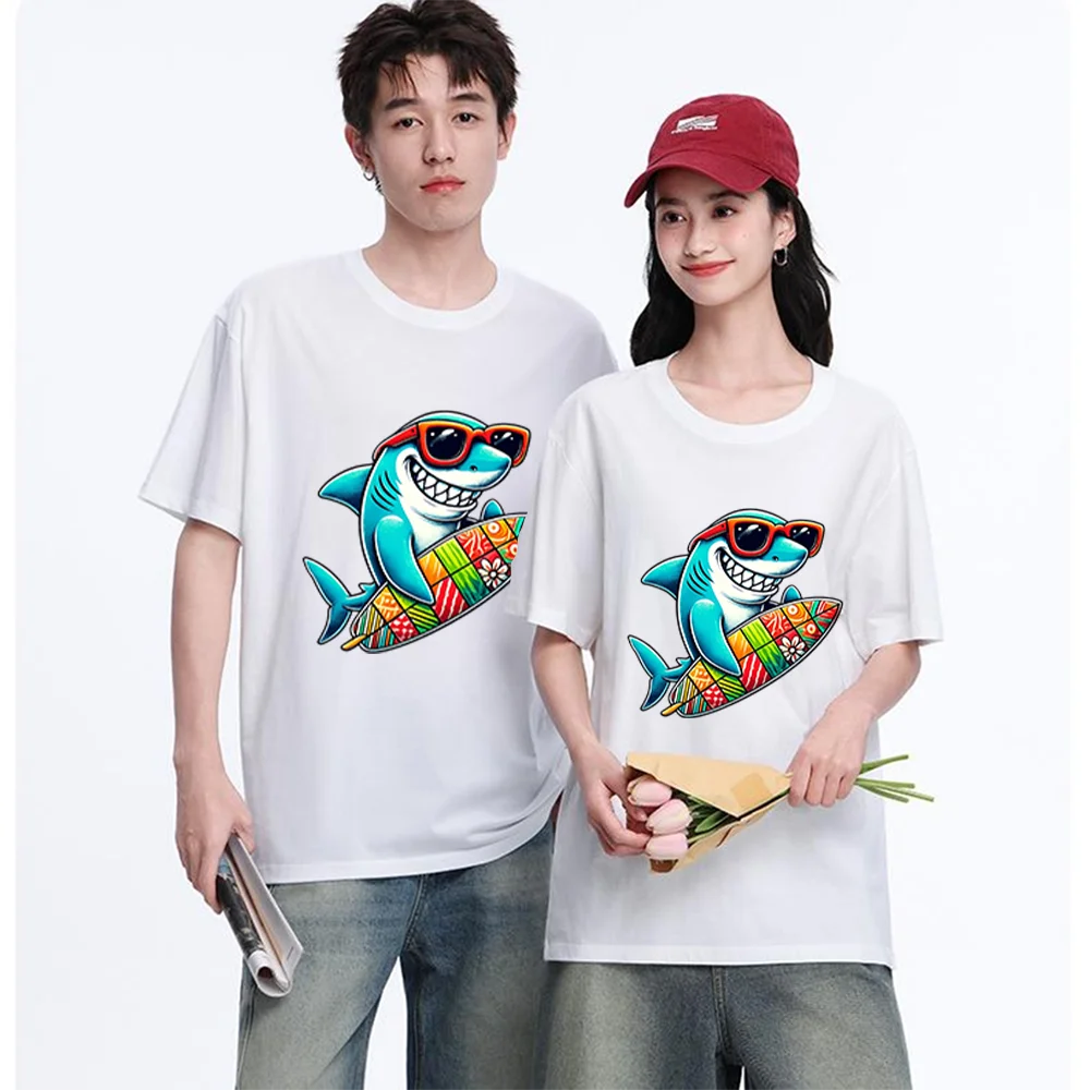 Smiling Shark With Sunglasses And Surfboard Printed T Shirt Cotton S-XXL Personalized Custom T Shirt Casual Short Sleeve Tee Aes