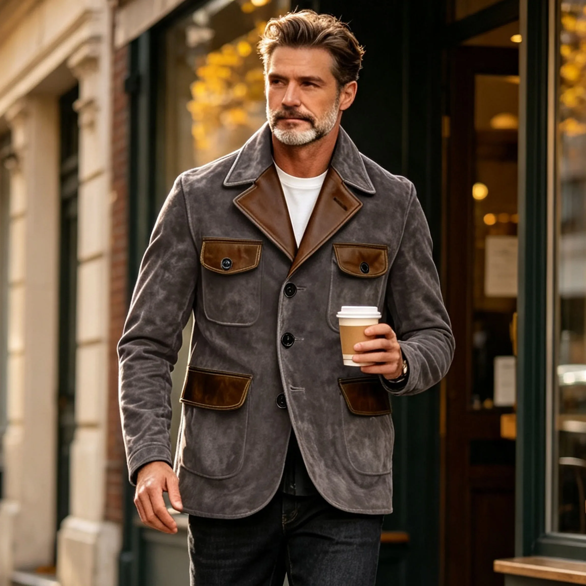 Men's Gray Suede Safari Jacket Vintage Leather Patchwork multi pocket casual Blazer High quality Sport Coat Daily Wear Business
