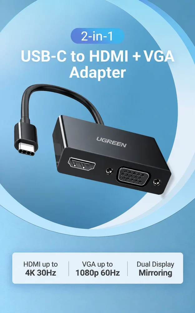 UGREEN MM123 50251 USB-C to HDMI VGA Adapter Black, 4K 30Hz HDMI and 1080p 60Hz VGA, Dual-Screen Mirror Display Converter