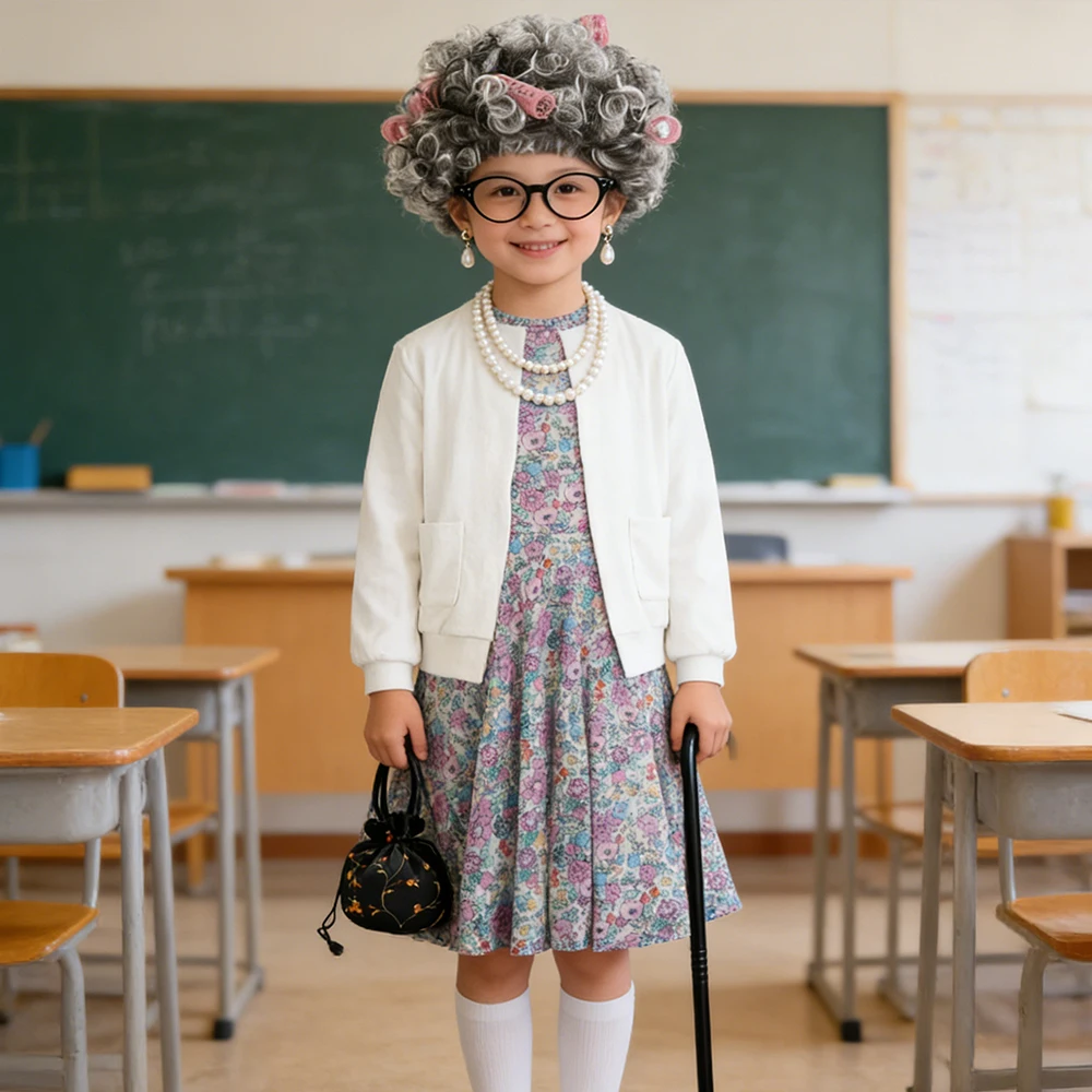 

Kids 100 Days of School Costume for Girls Old Lady Cosplay Costumes Children's Clothing Granny Grandma Sets With Accessories